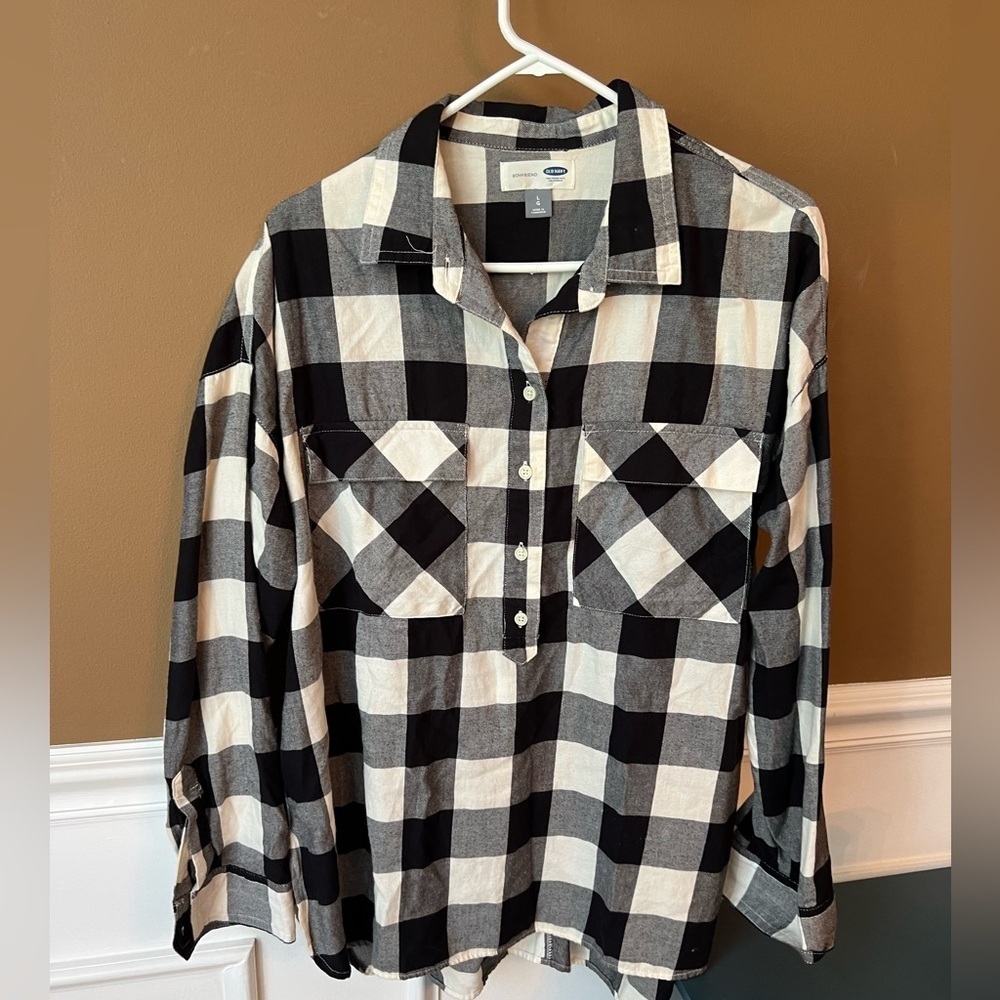 Old Navy Women’s Boyfriend Flannel Popover Shirt Black White Checkered Size L - Picture 2 of 6
